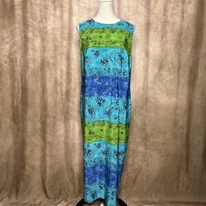 Vintage 90s Tropical Floral Leaf Print Striped Maxi Shift Dress Boho Island Tiki